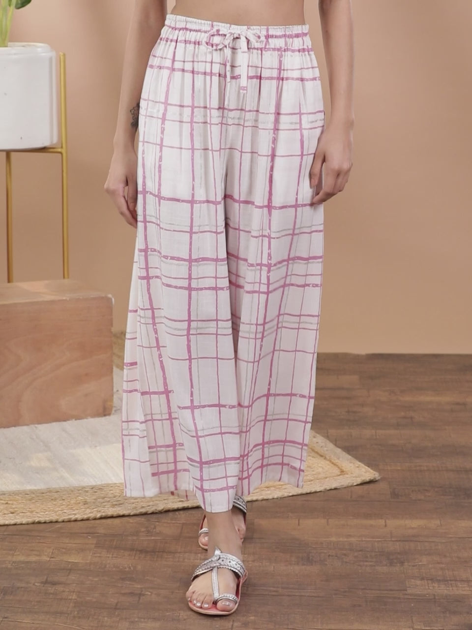  Cream Checkered Cotton Palazzos 