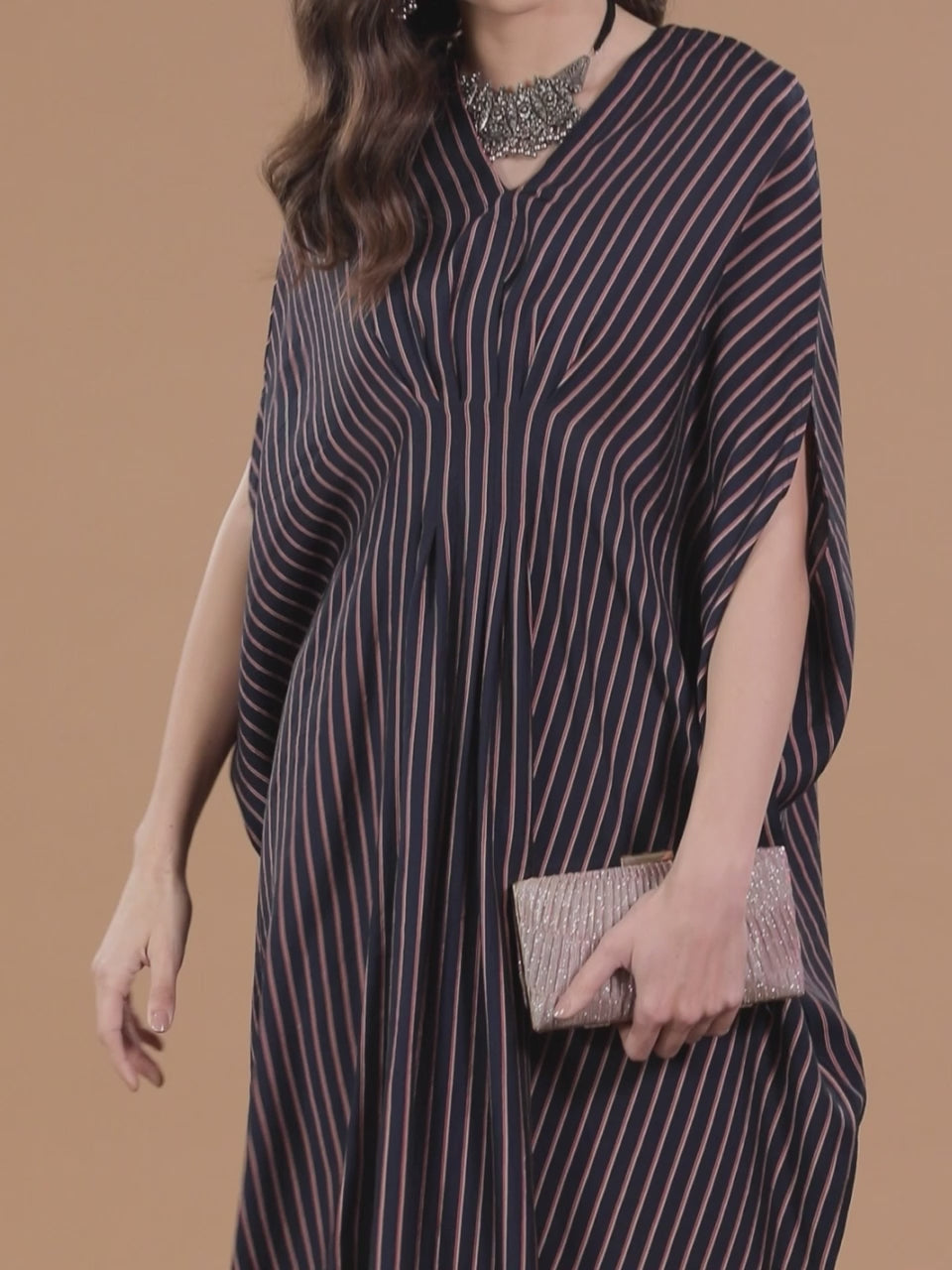  Navy Blue Striped Silk Dress 