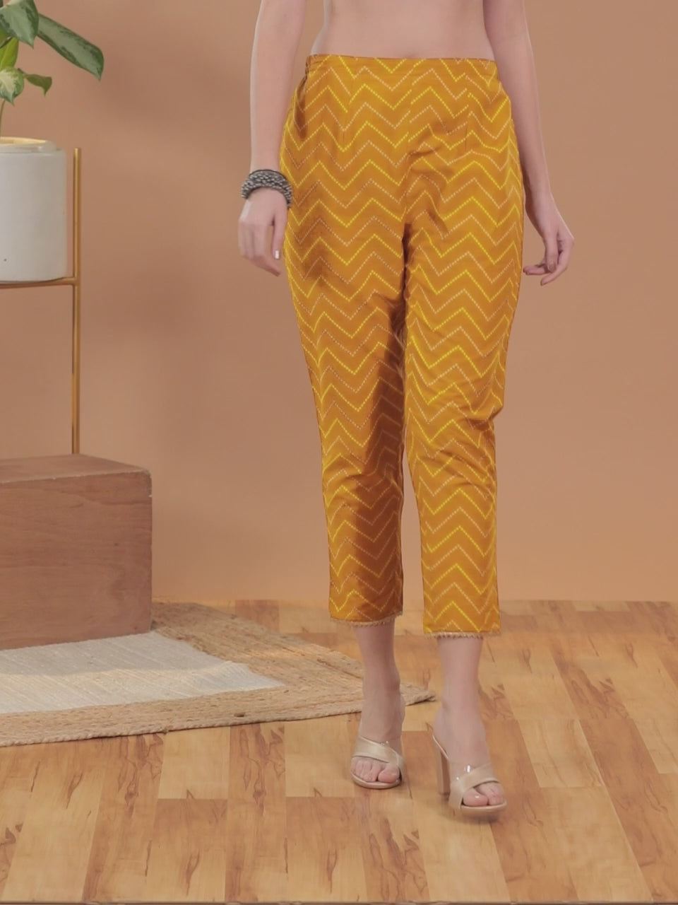 Mustard Printed Cotton Trousers
