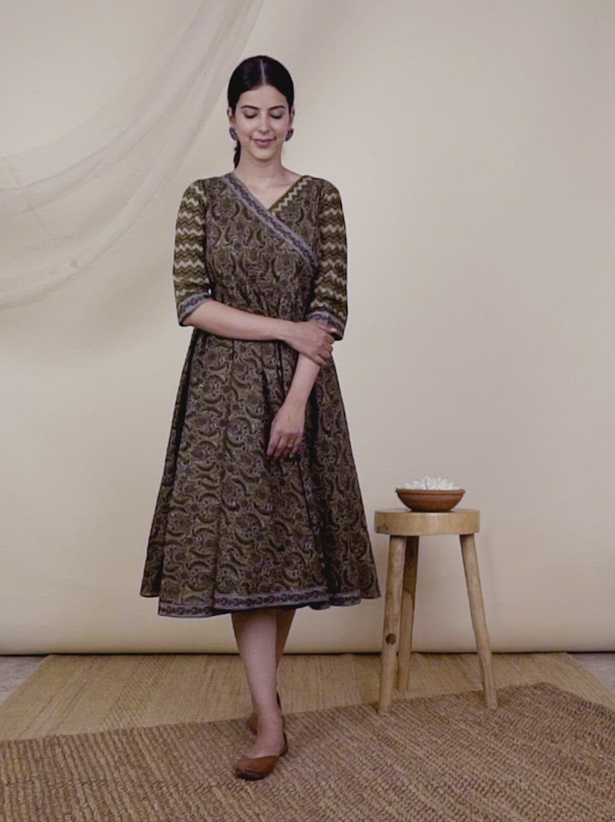  Olive Green Printed Cotton Dress 