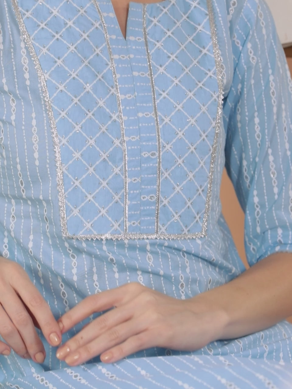  Blue Yoke Design Cotton Straight Kurta With Skirt & Dupatta 