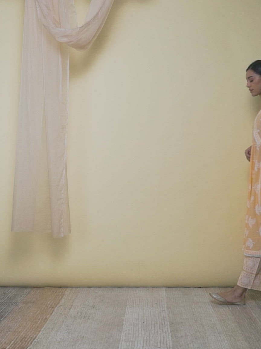  Peach Printed Cotton Anarkali Kurta With Palazzos & Dupatta 
