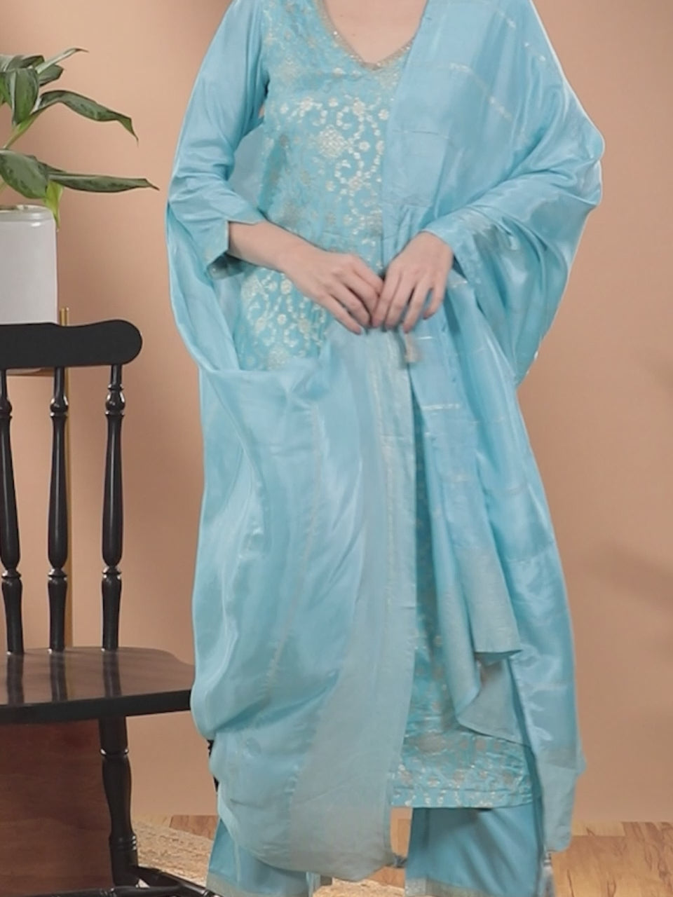 Blue Woven Design Silk Blend Straight Kurta With Palazzos & Dupatta