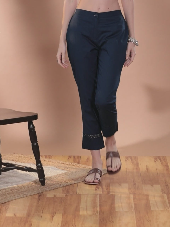 Navy Blue Solid Cotton Trousers