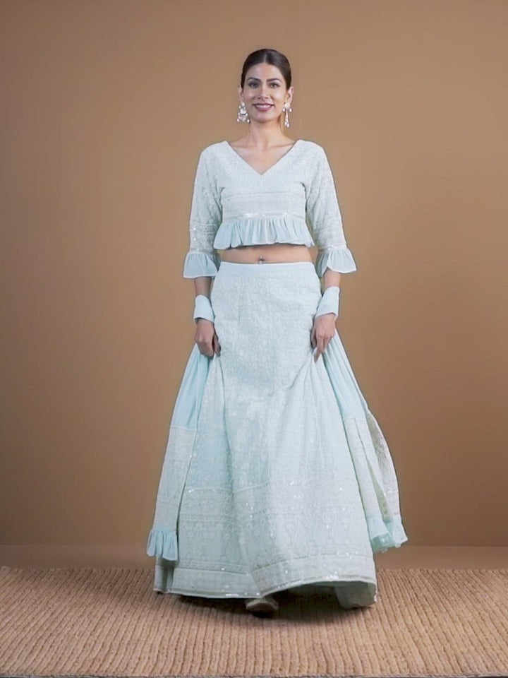 SIARA Blue Schiffli Georgette Lehenga Set