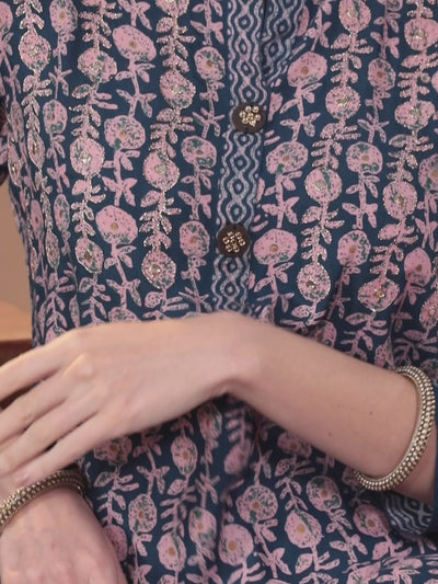 Blue Printed Rayon Straight Kurta