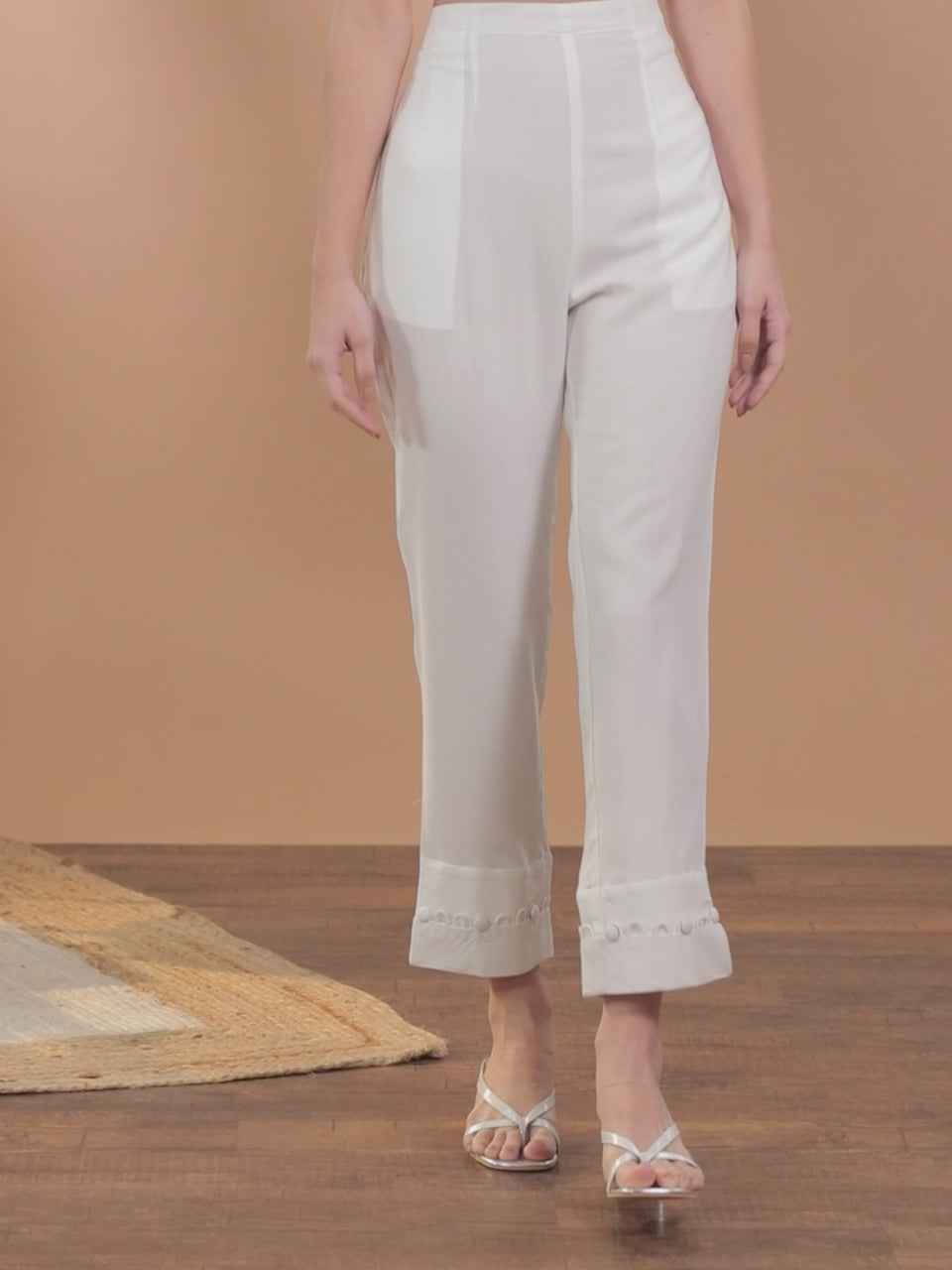  White Solid Rayon Trousers 