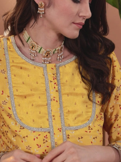 Mustard Printed Silk Blend A-Line Top With Palazzos & Dupatta