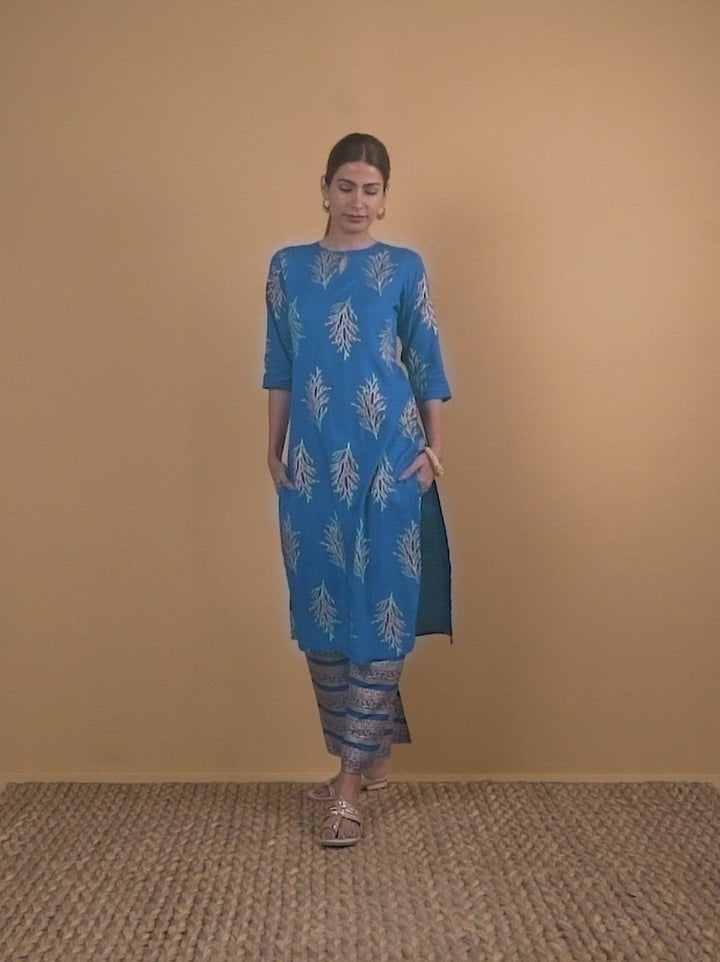 Blue Printed Cotton Straight Kurta With Palazzos