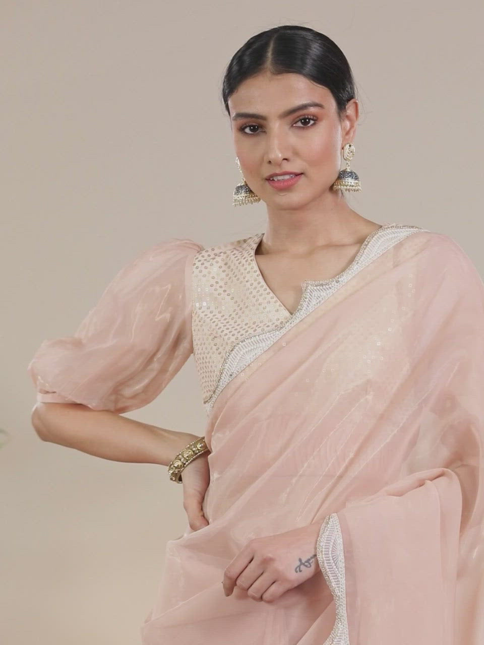  Peach Solid Organza Saree 
