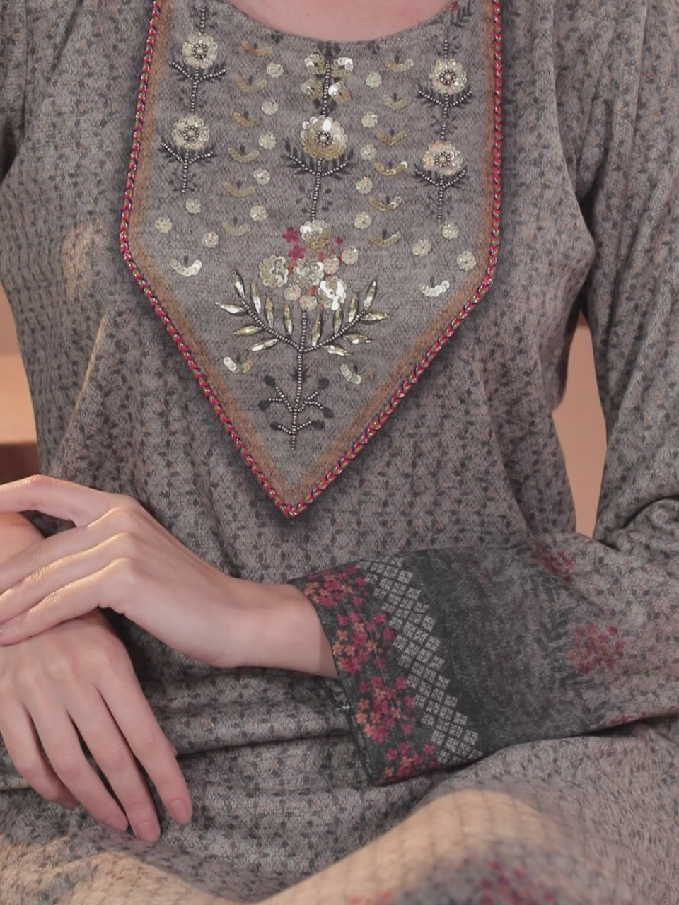 Taupe Printed Wool Straight Kurta With Trousers & Dupatta 