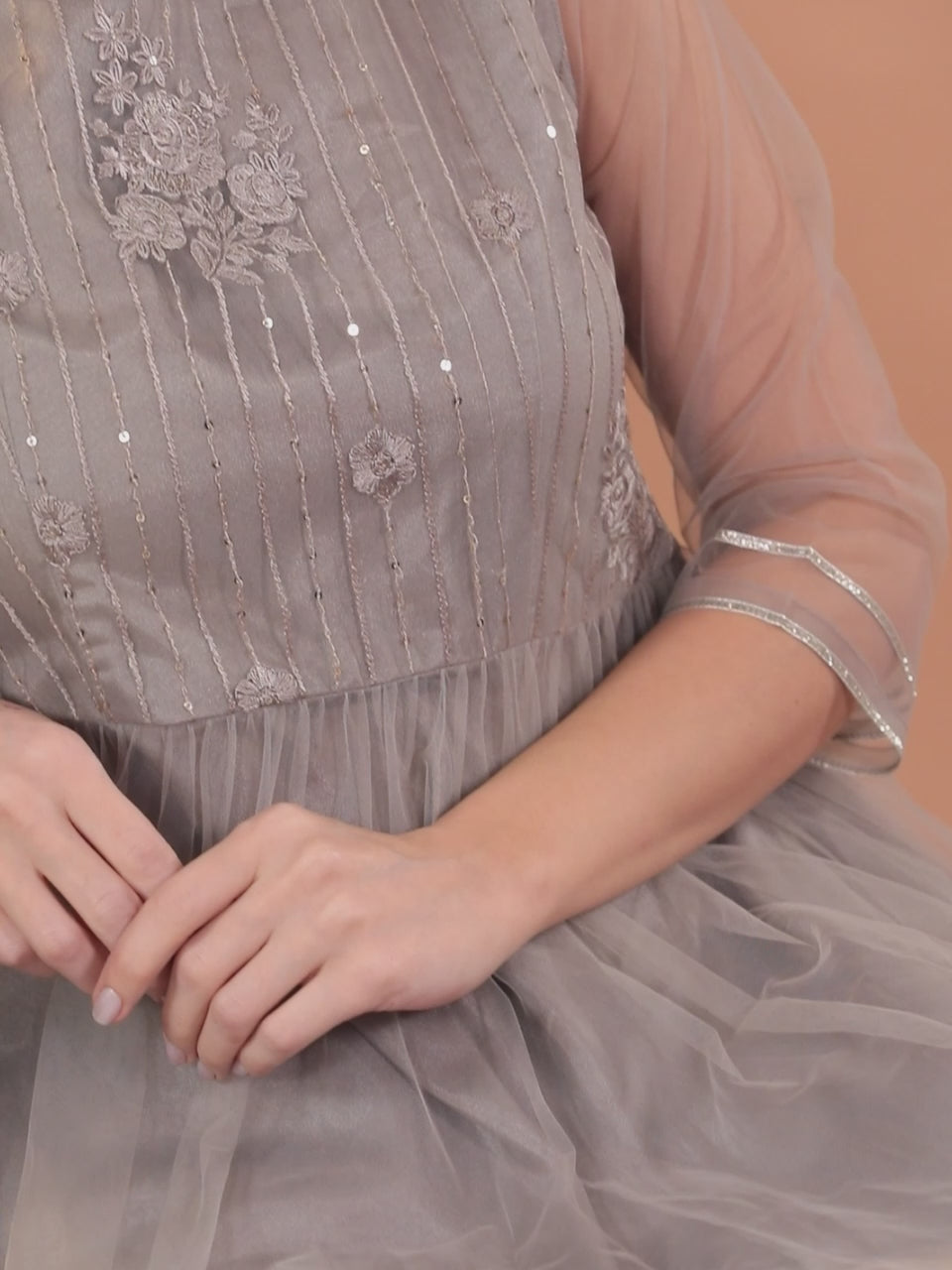  Grey Embroidered Net Anarkali Kurta With Trousers & Dupatta 