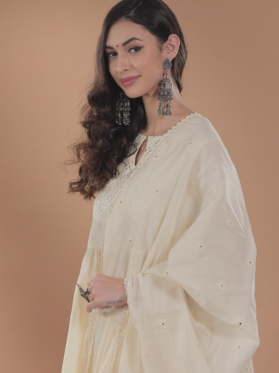  Off-White Yoke Design Cotton Anarkali Kurta With Palazzos & Dupatta 
