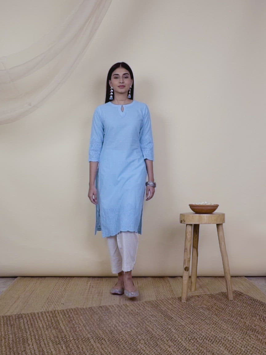 Blue Embroidered Cotton Kurta