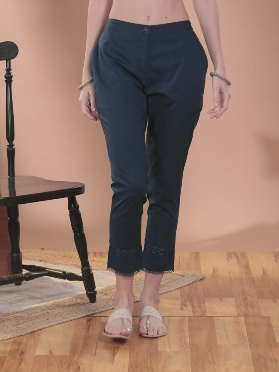 Navy Blue Solid Cotton Trousers