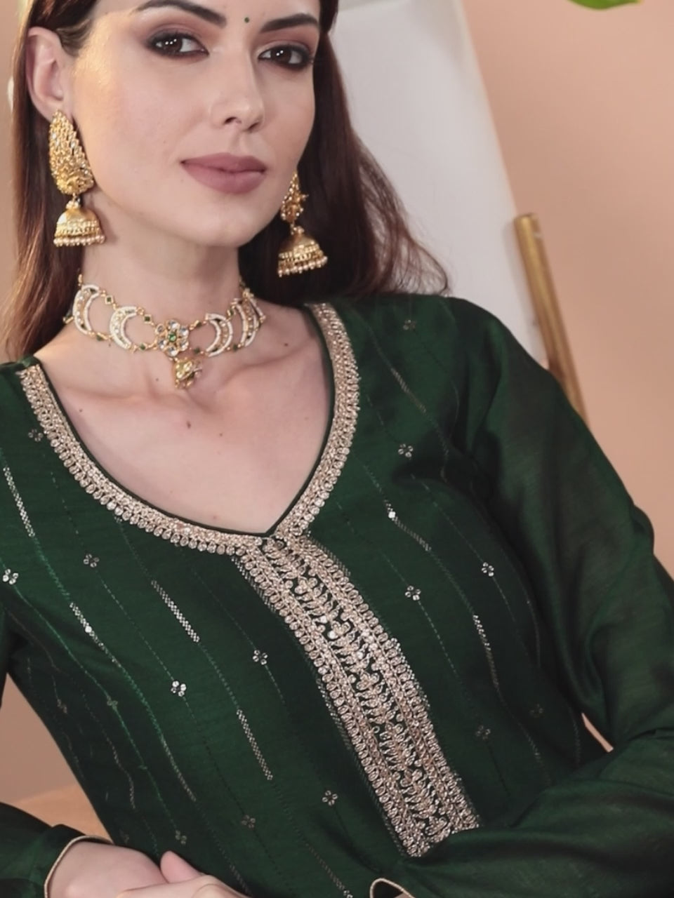 Green Embroidered Silk Straight Kurta 
