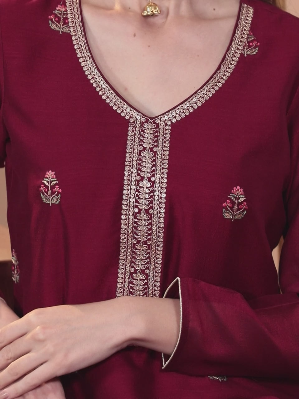  Maroon Embroidered Silk Straight Kurta 