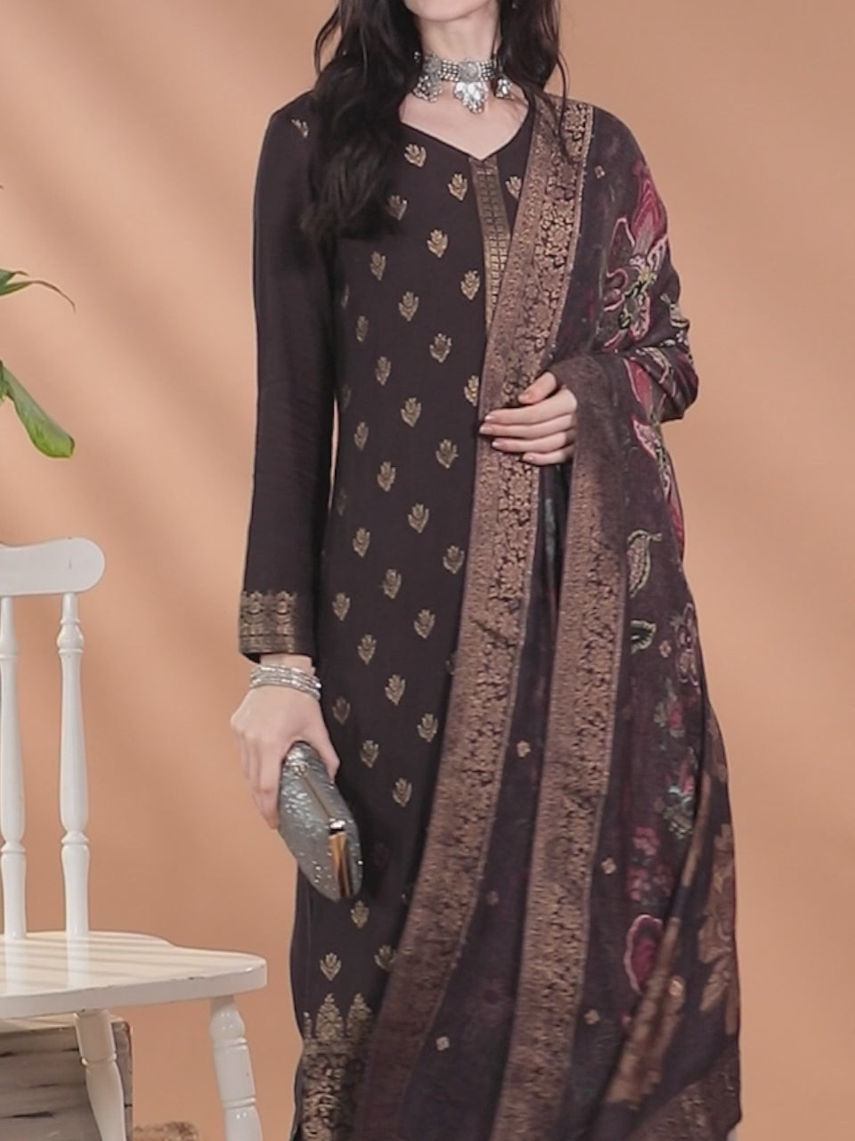 Brown Self Design Pashmina Wool Straight Kurta With Dupatta