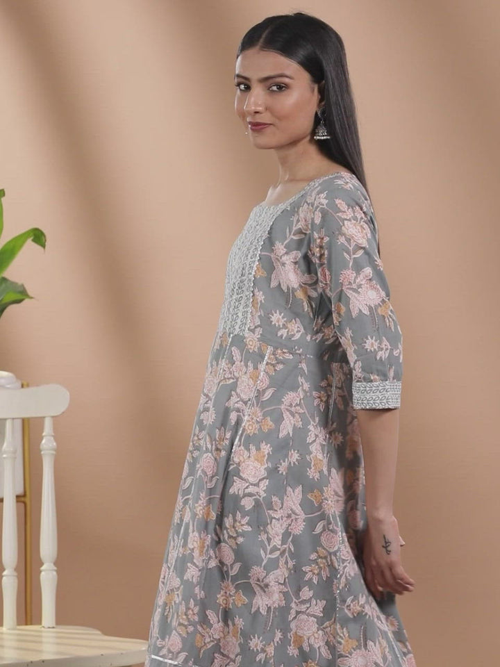 Grey Printed Cotton Kurta