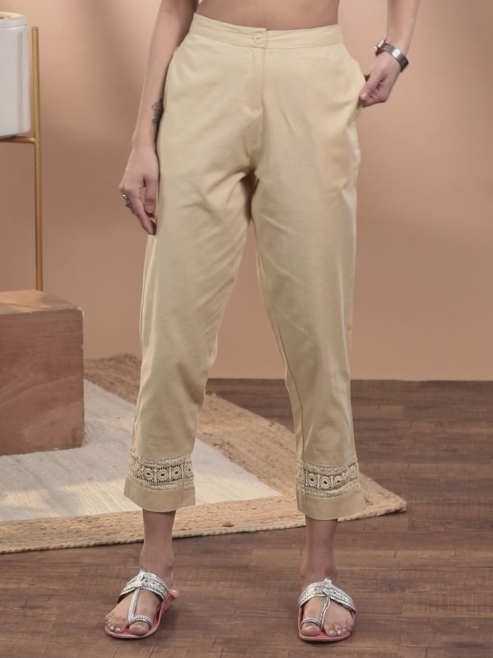  Beige Solid Cotton Palazzos 