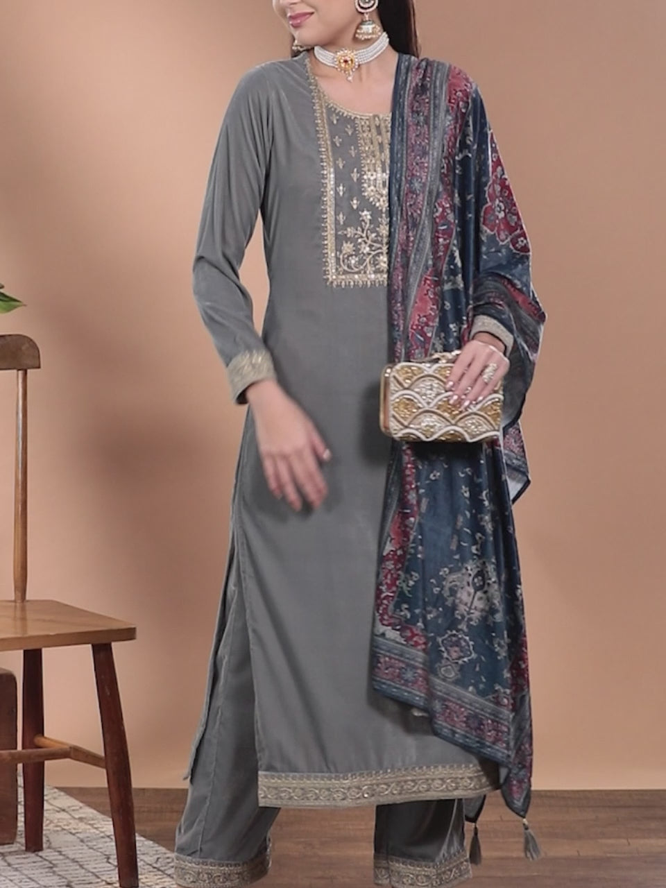  Grey Yoke Design Velvet Straight Kurta With Trousers & Dupatta 