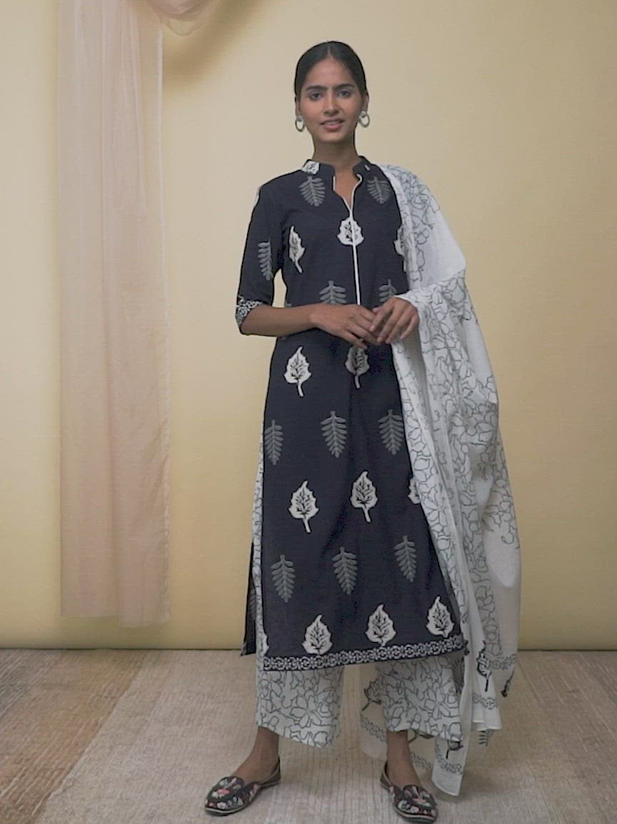  Black Printed Cotton Straight Kurta With Palazzos & Dupatta 
