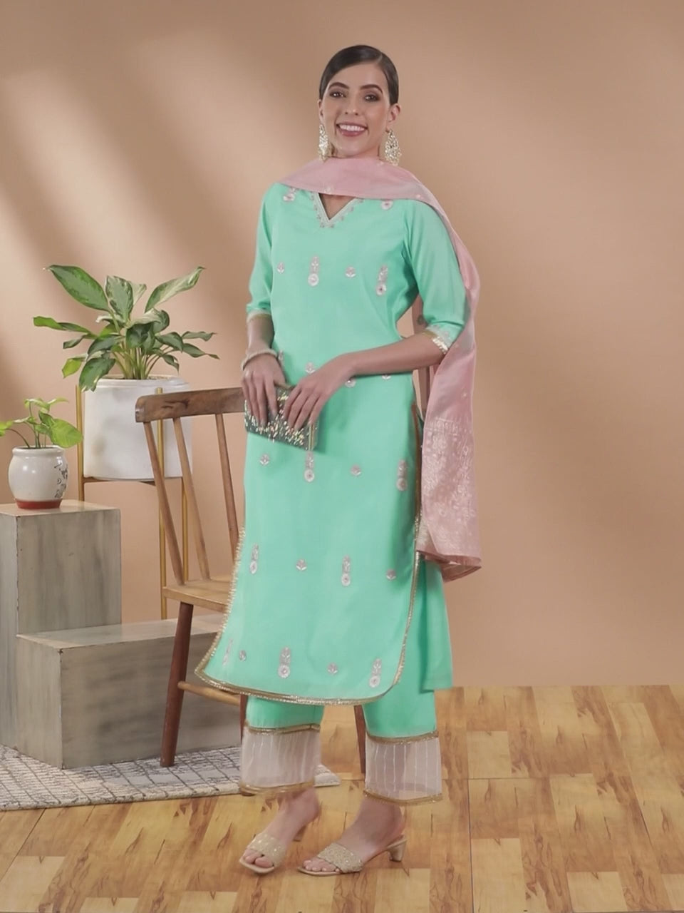  Sea Green Embroidered Chanderi Silk Straight Kurta With Palazzos & Dupatta 