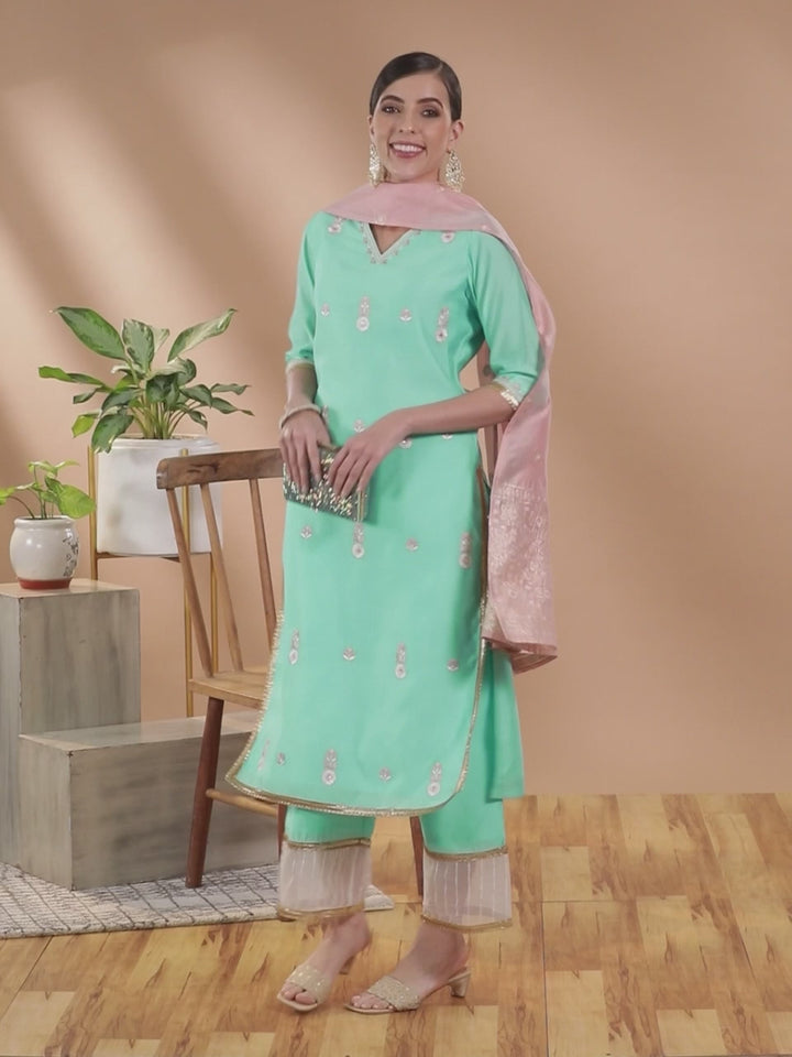 Sea Green Embroidered Chanderi Silk Straight Kurta With Palazzos & Dupatta