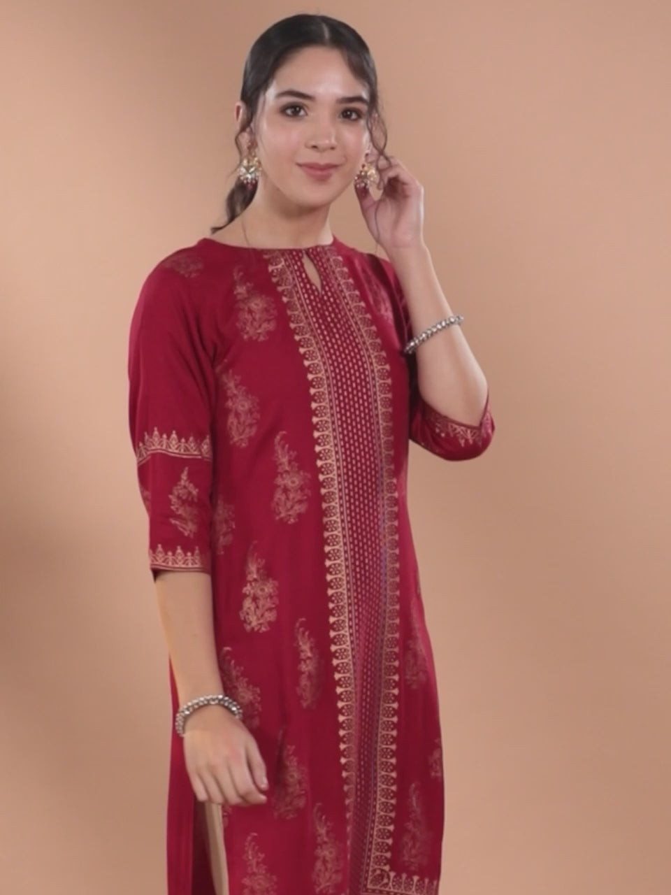 Maroon Printed Rayon Kurta