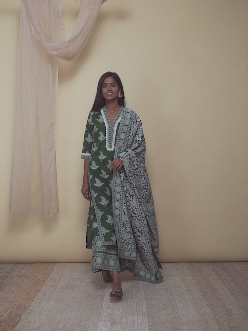  Green Printed Cotton Straight Kurta With Palazzos & Dupatta 