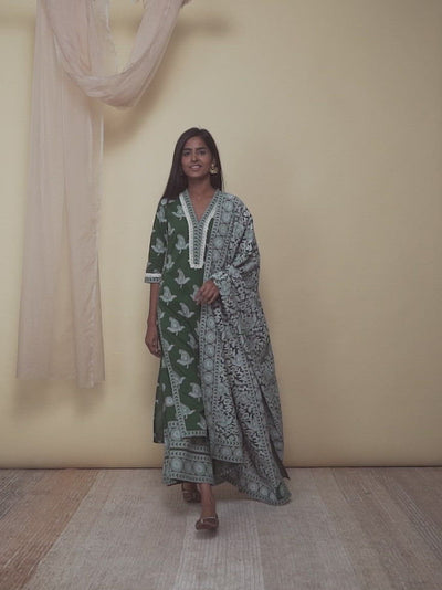 Green Printed Cotton Straight Kurta With Palazzos & Dupatta