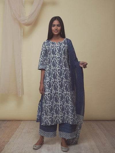 Indigo Printed Cotton Straight Kurta With Palazzos & Dupatta