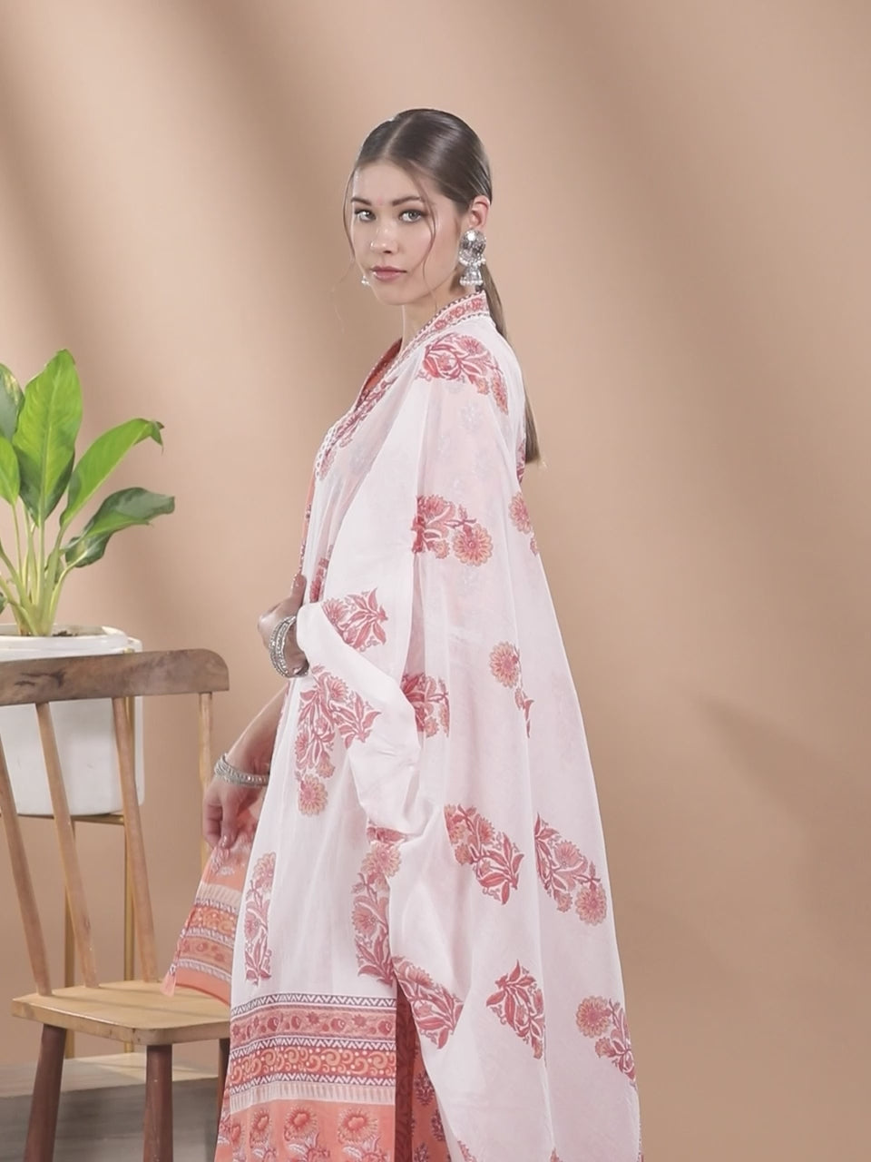  Peach Printed Cotton Straight Kurta With Palazzos & Dupatta 