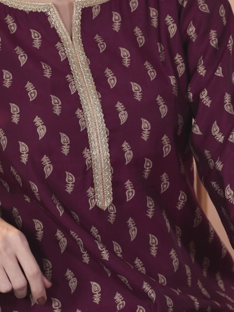  Burgundy Printed Silk Straight Kurta 