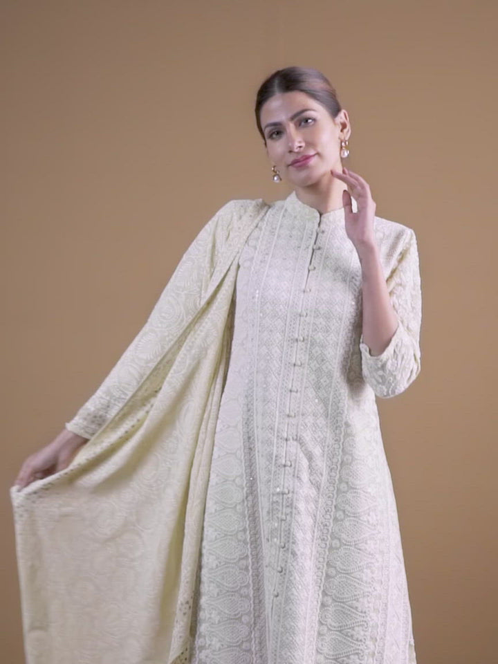 Green Embroidered Georgette A-Line Kurta With Palazzos & Dupatta