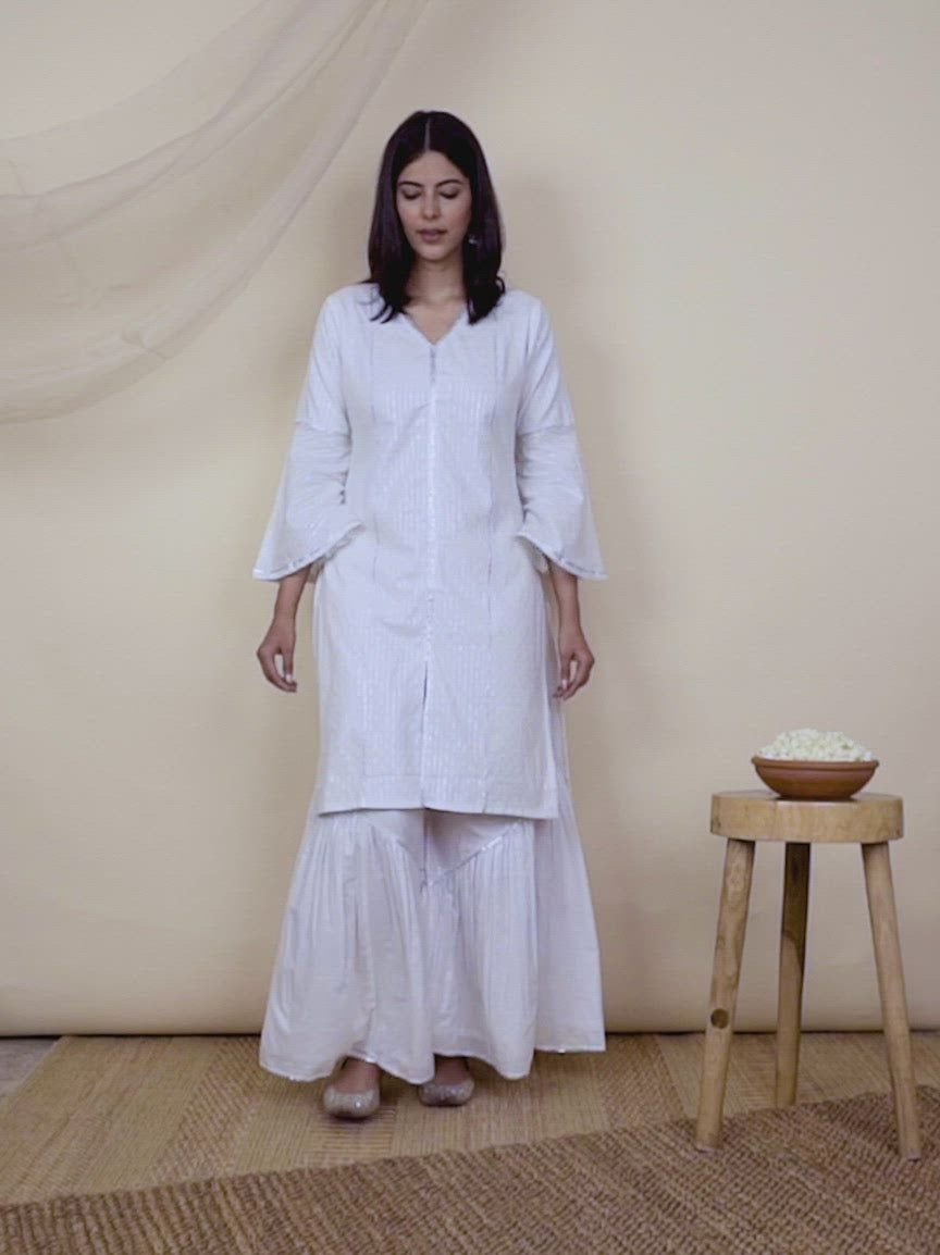 White Woven Design Cotton Kurta