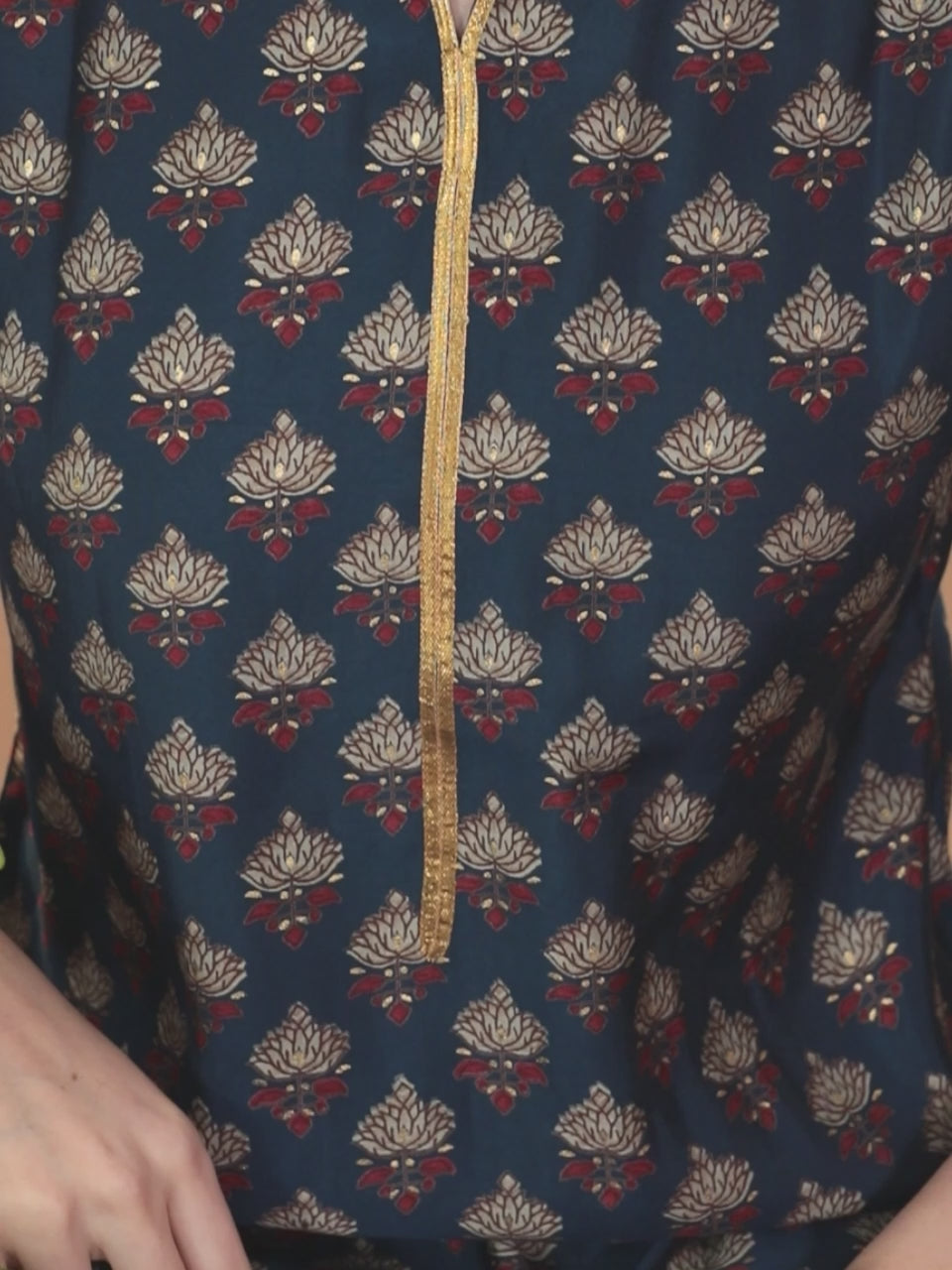  Blue Printed Silk Blend Straight Kurta With Trousers & Dupatta 