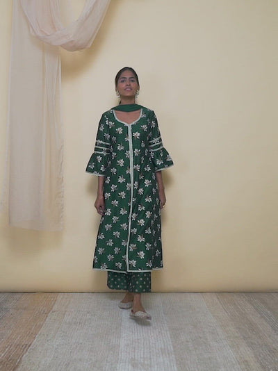 Green Printed Silk A-Line Kurta With Palazzos & Dupatta