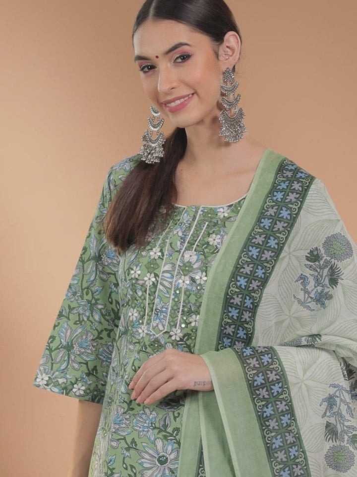 Green Printed Cotton Straight Kurta With Dupatta