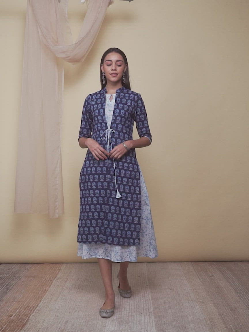 Indigo Printed Cotton Dress With Jacket 