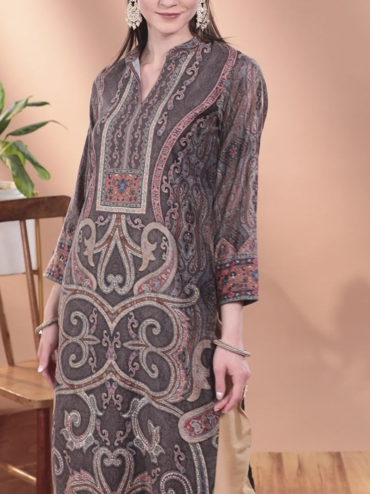 Multicoloured Printed Velvet Straight Kurta