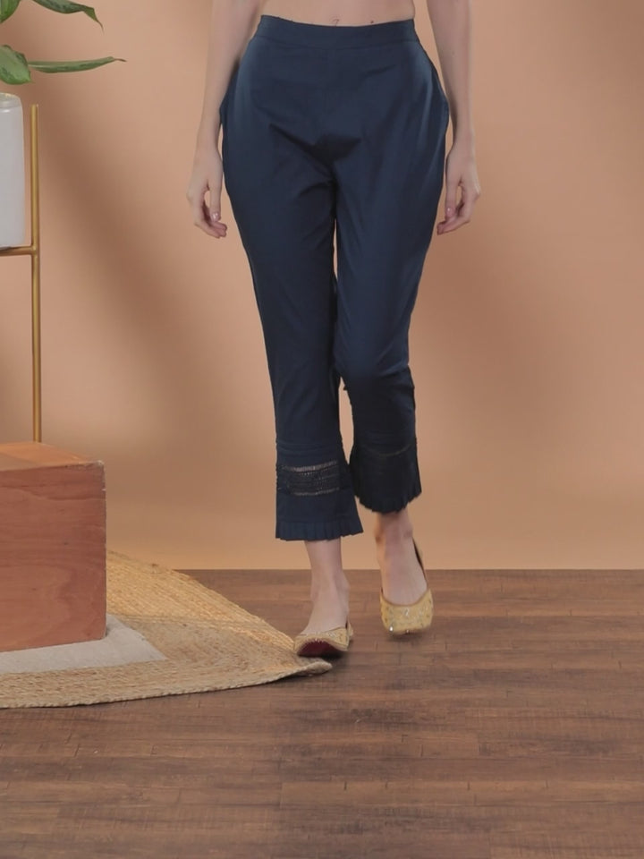 Navy Blue Solid Cotton Trousers