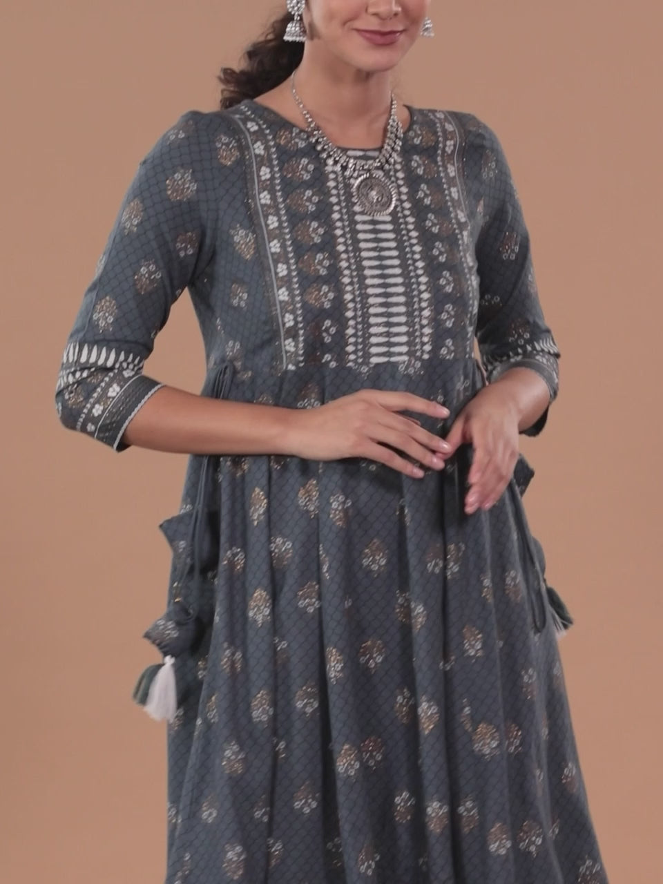 Grey Printed Rayon A-Line Dress