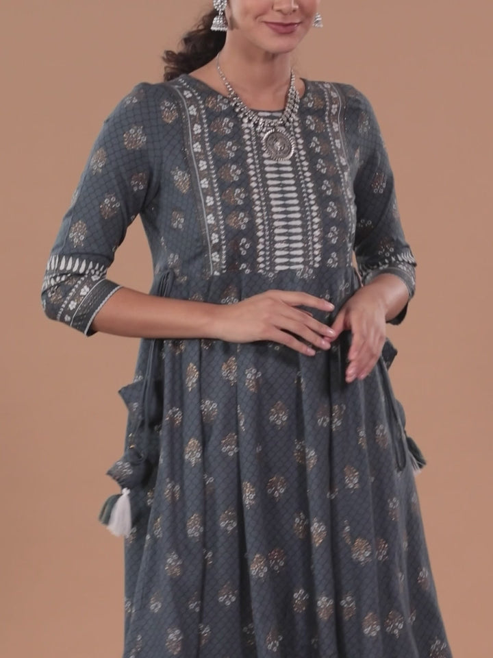 Grey Printed Rayon A-Line Dress