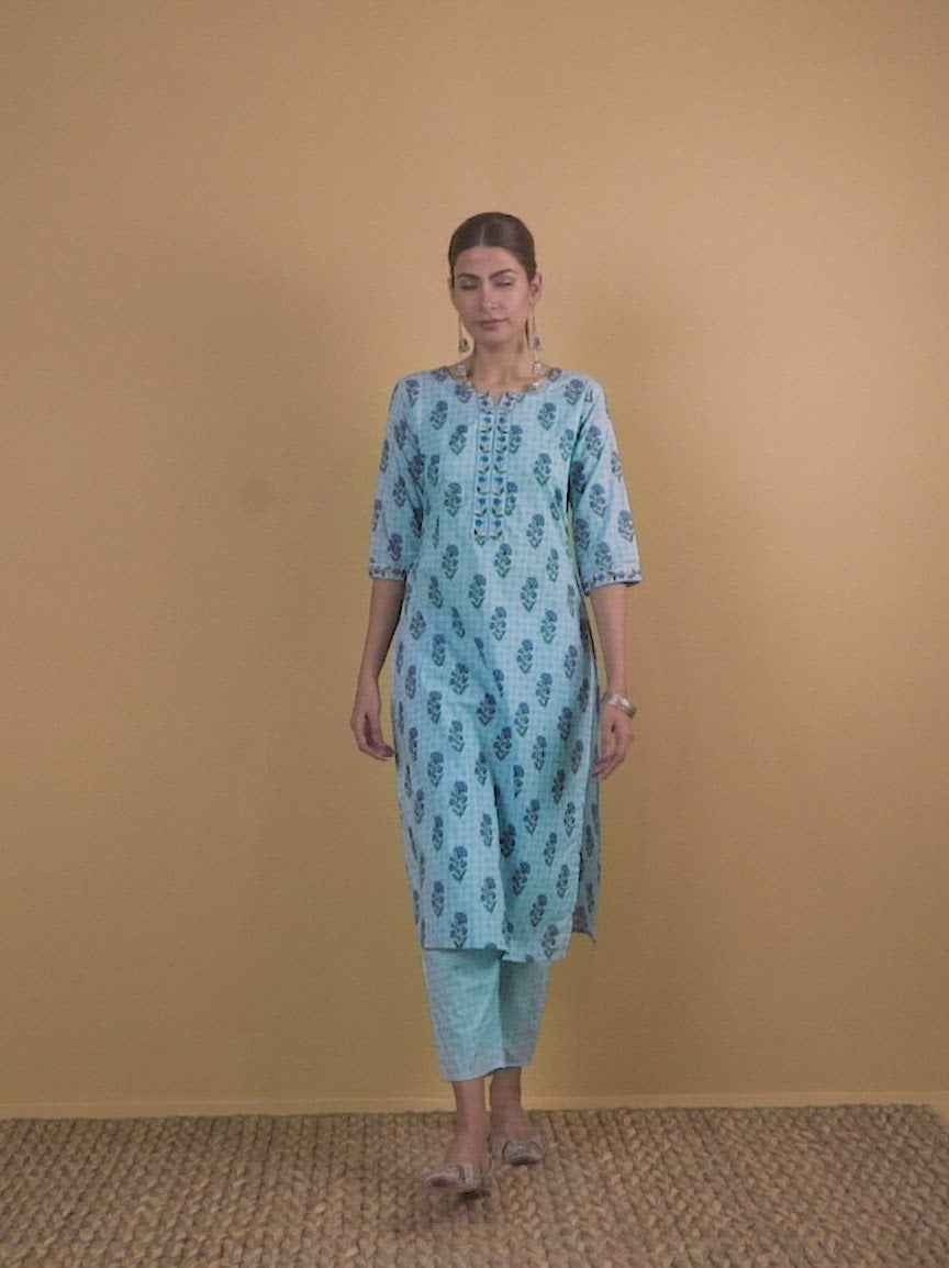 Blue Printed Cotton Straight Kurta With Trousers