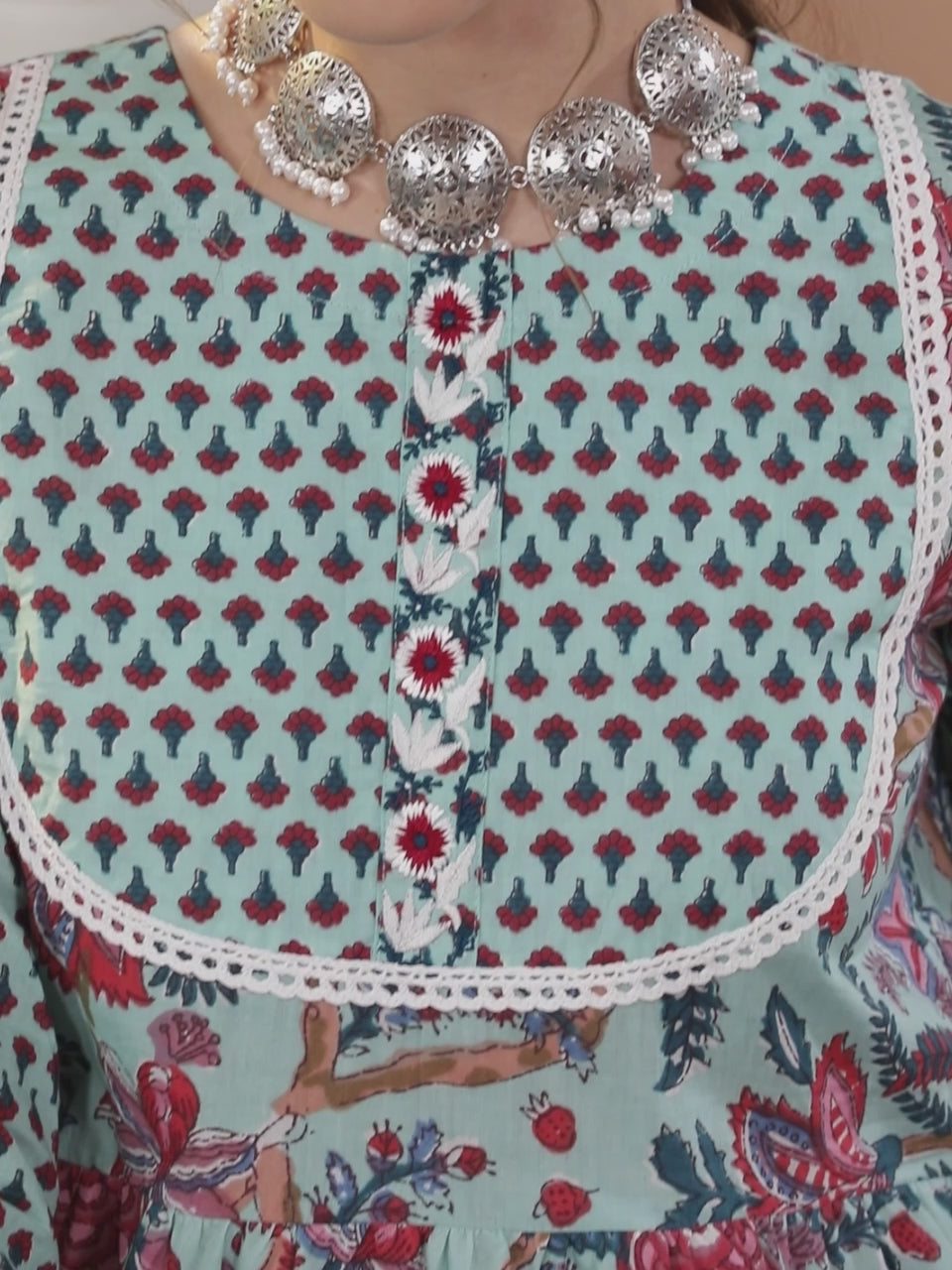  Blue Printed Cotton Anarkali Kurta With Dupatta 