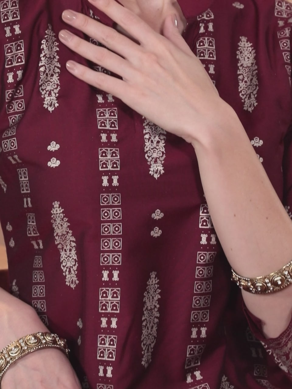  Maroon Printed Silk Straight Kurta 