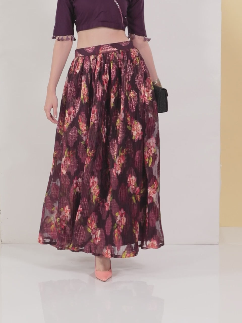  Burgundy Self Design Organza Skirt 