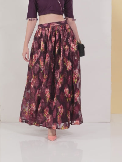 Burgundy Self Design Organza Skirt