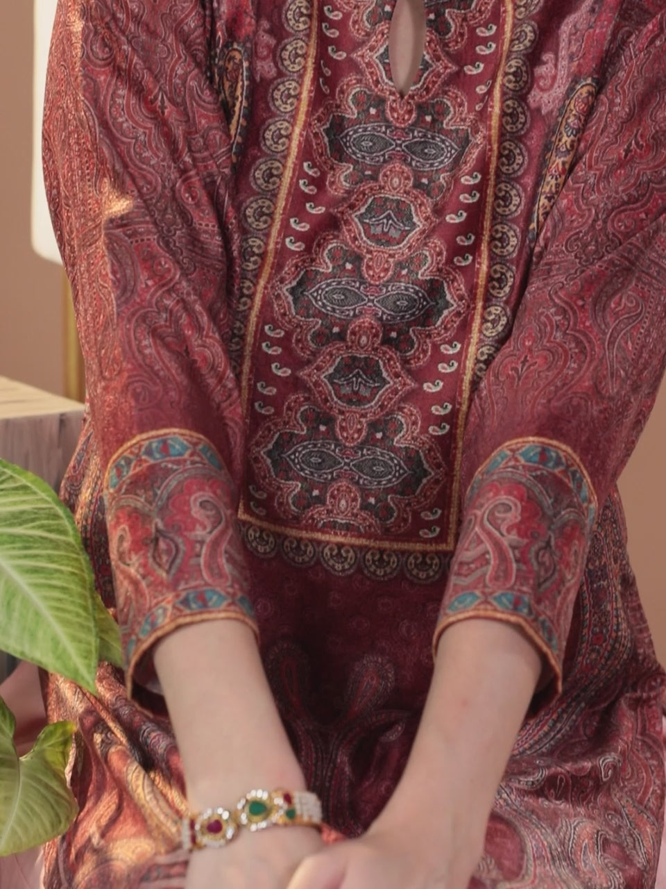 Rust Printed Velvet Straight Kurta